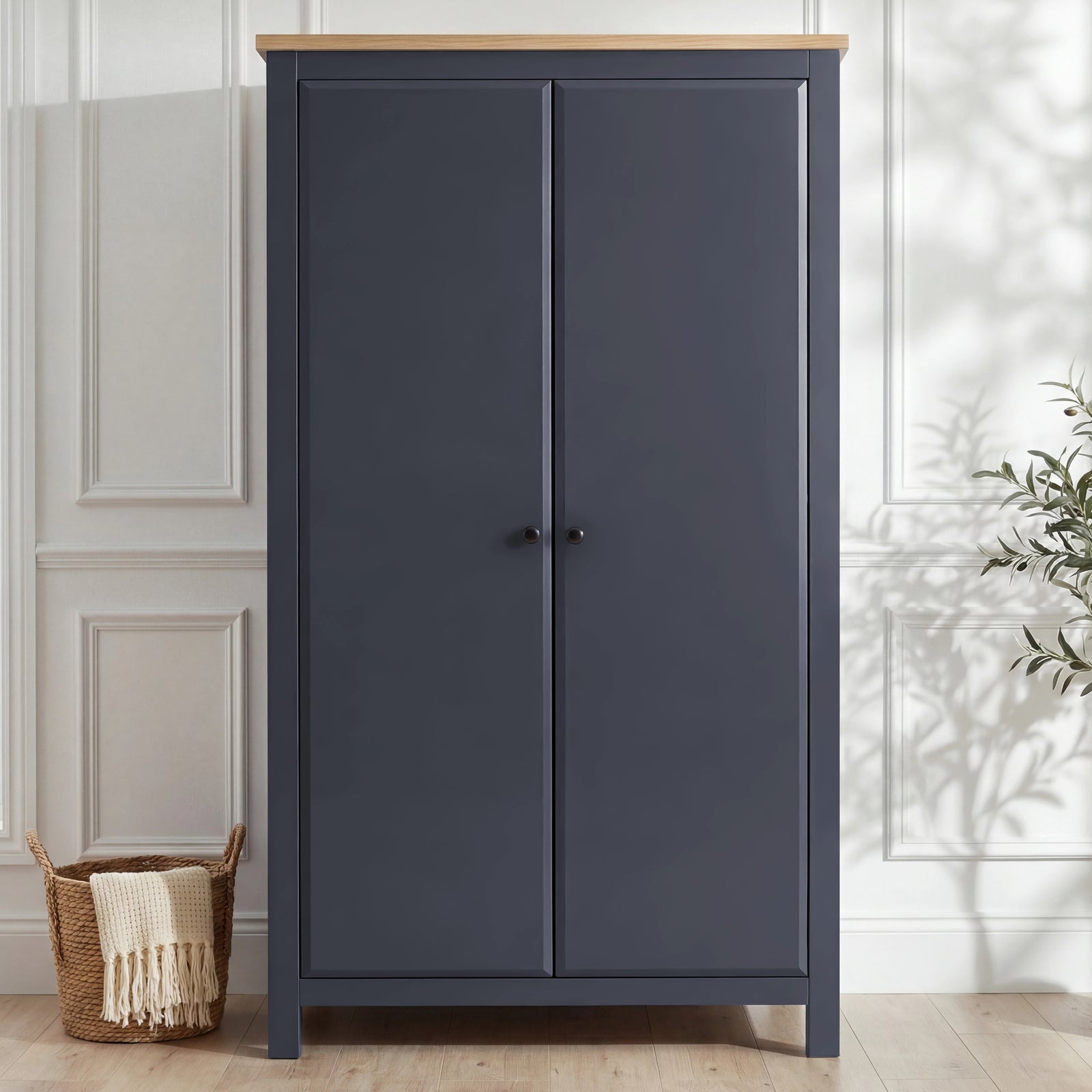 [Blue] 2 door wardrobe from Haven bedroom furniture set, closed front view in blue with oak top panel