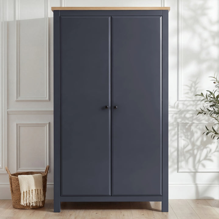 [Blue] 2 door wardrobe from Haven bedroom furniture set, closed front view in blue with oak top panel