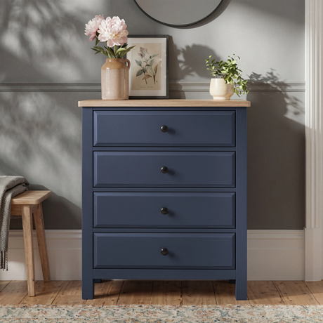 [Blue] Haven bedroom furniture set 4-drawer chest in blue, oak veneer top and black round knobs, styled front view