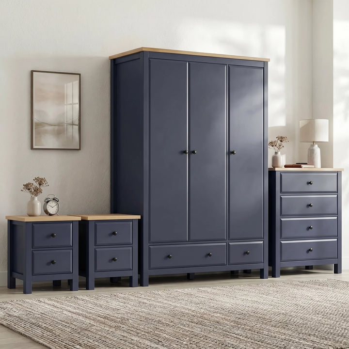 [Blue] Haven bedroom furniture set in blue with 3-door wardrobe, 4-drawer chest and two 2-drawer bedsides, oak tops