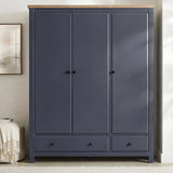 [Blue] Blue painted Haven 3-door wardrobe from the Haven bedroom furniture set, oak veneer top and black knobs