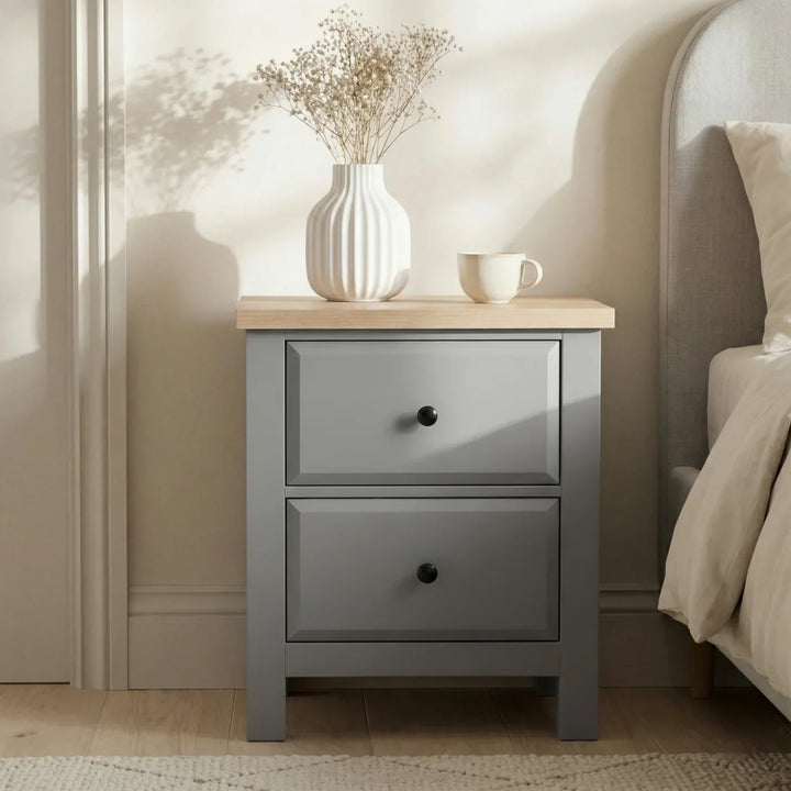 [Grey] Haven bedroom furniture set grey bedside with vase and cup, oak top surface