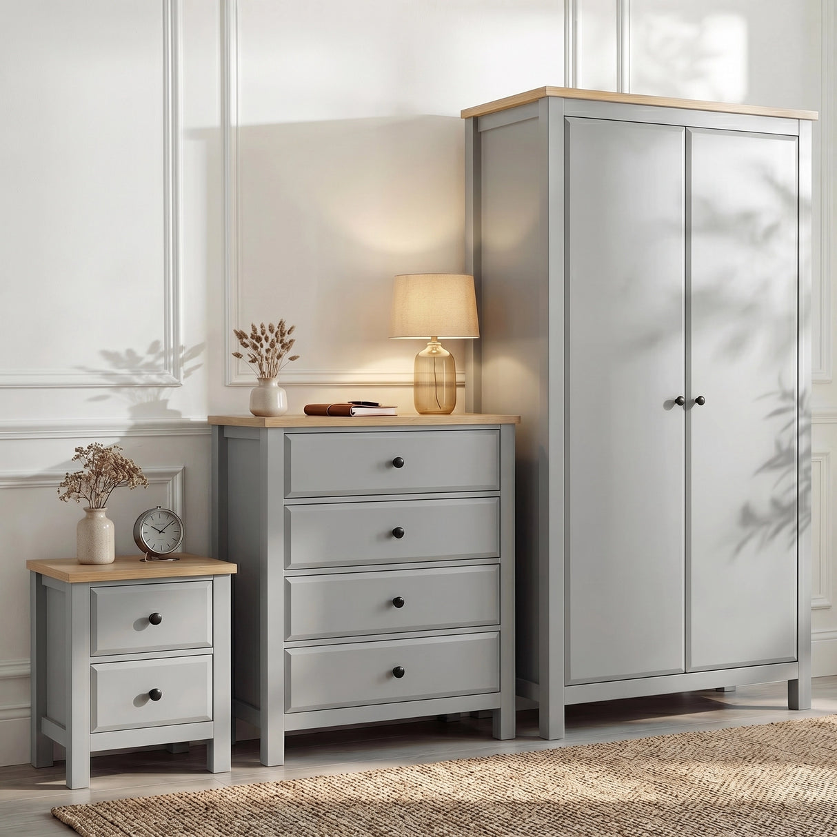[Grey] Haven bedroom furniture set: 2-door wardrobe, 4-drawer chest and 2-drawer bedside, oak tops