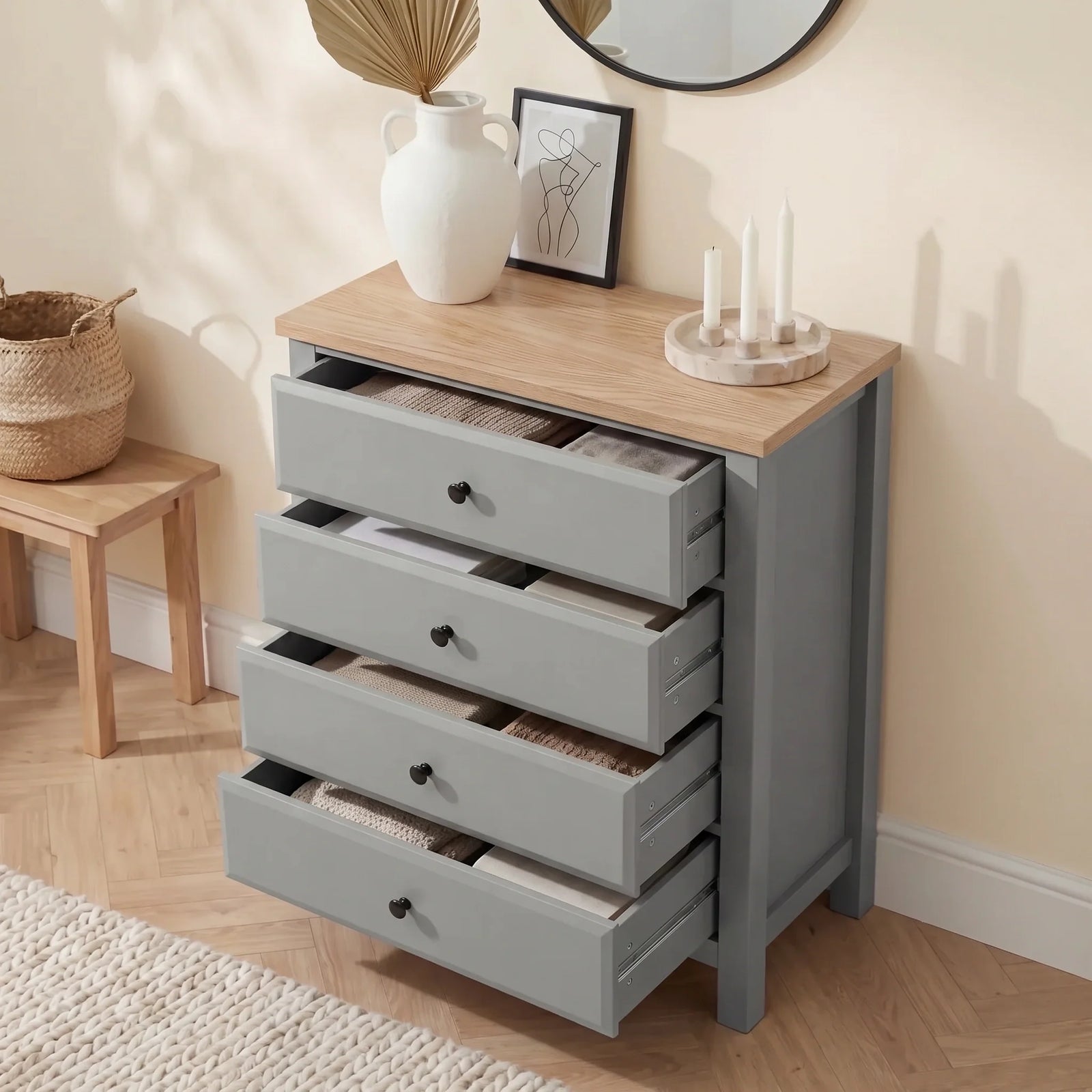 [Grey] Haven bedroom furniture set four-drawer chest open showing interior drawer space