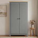 [Grey] Haven bedroom furniture set wardrobe front, two grey doors, oak top, black wooden knobs