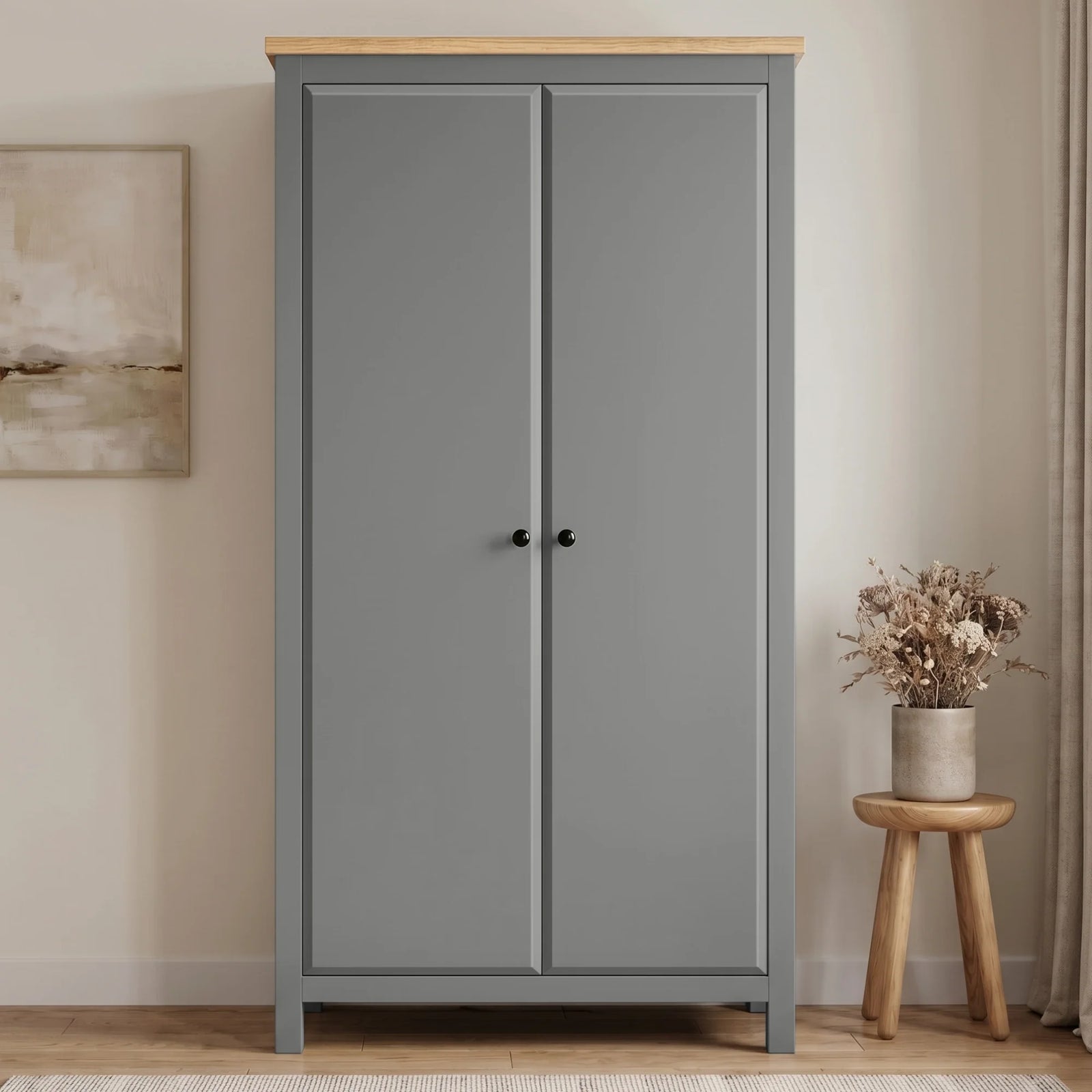 [Grey] Haven bedroom furniture set wardrobe front, two grey doors, oak top, black wooden knobs