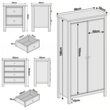 [Grey] Haven bedroom furniture set labelled sizes for every piece in the grey painted bundle shown together