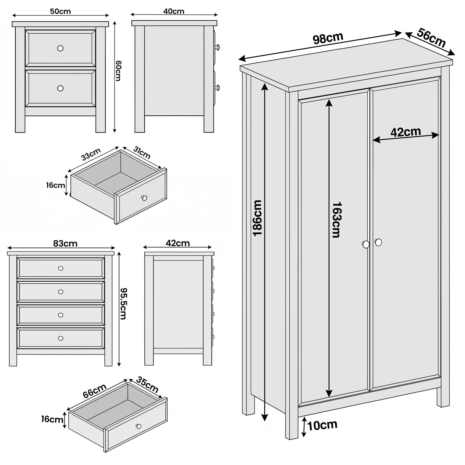 [Grey] Haven bedroom furniture set labelled sizes for every piece in the grey painted bundle shown together