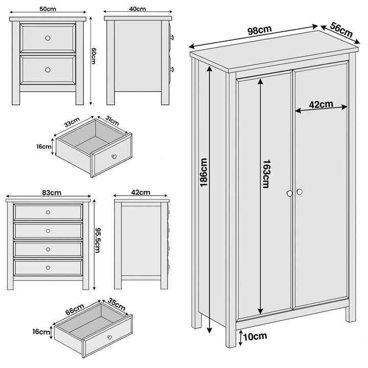 [Grey] Haven bedroom furniture set labelled sizes for every piece in the grey painted bundle shown together