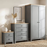 [Grey] Haven bedroom furniture set: 2-door wardrobe, 4-drawer chest and 2-drawer bedside, oak tops in grey
