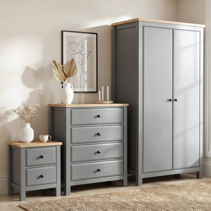 [Grey] Haven bedroom furniture set: 2-door wardrobe, 4-drawer chest and 2-drawer bedside, oak tops in grey
