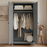 [Grey] Haven bedroom furniture set wardrobe in grey opened wide, clothing on the rail and linen on top shelf