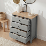 [Grey] Haven bedroom furniture set chest with all four drawers open on smooth metal runners, oak top above