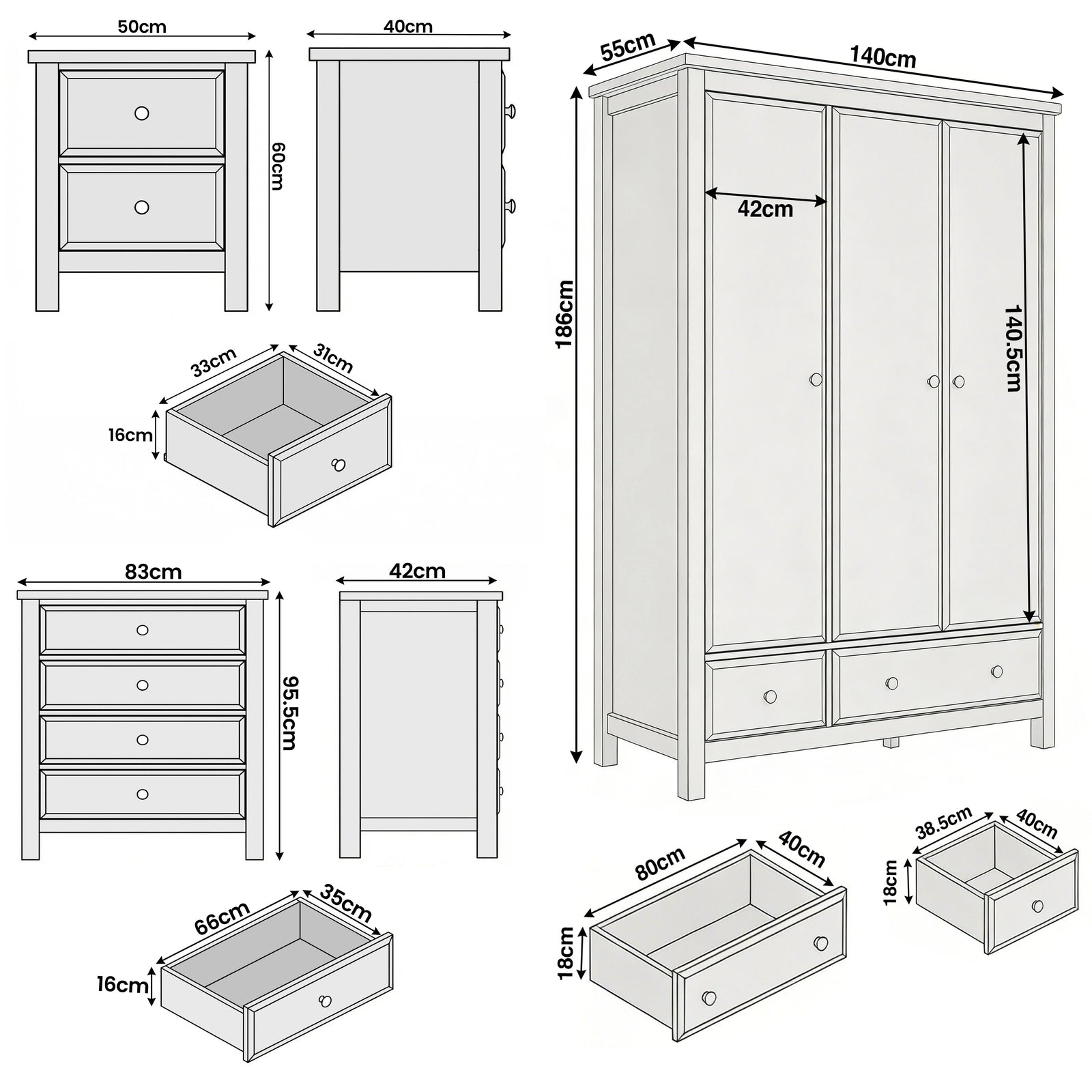 [Grey] Haven bedroom furniture set size guide: wardrobe W140 D55 H186, chest 83x42x99.5, bedside 50x40x60