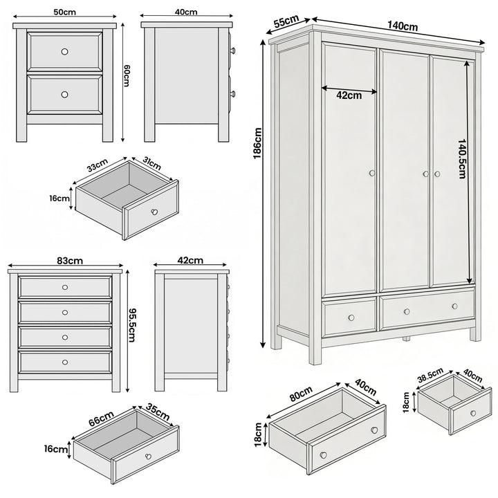 [Grey] Haven bedroom furniture set size guide: wardrobe W140 D55 H186, chest 83x42x99.5, bedside 50x40x60