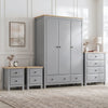 [Grey] Haven bedroom furniture set in grey with oak tops: triple wardrobe, 4-drawer chest and two bedsides