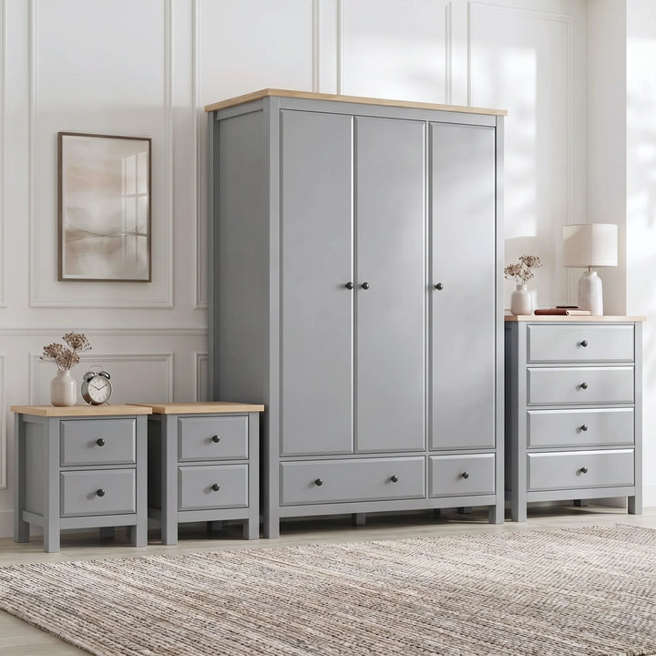 [Grey] Haven bedroom furniture set in grey with oak tops: triple wardrobe, 4-drawer chest and two bedsides