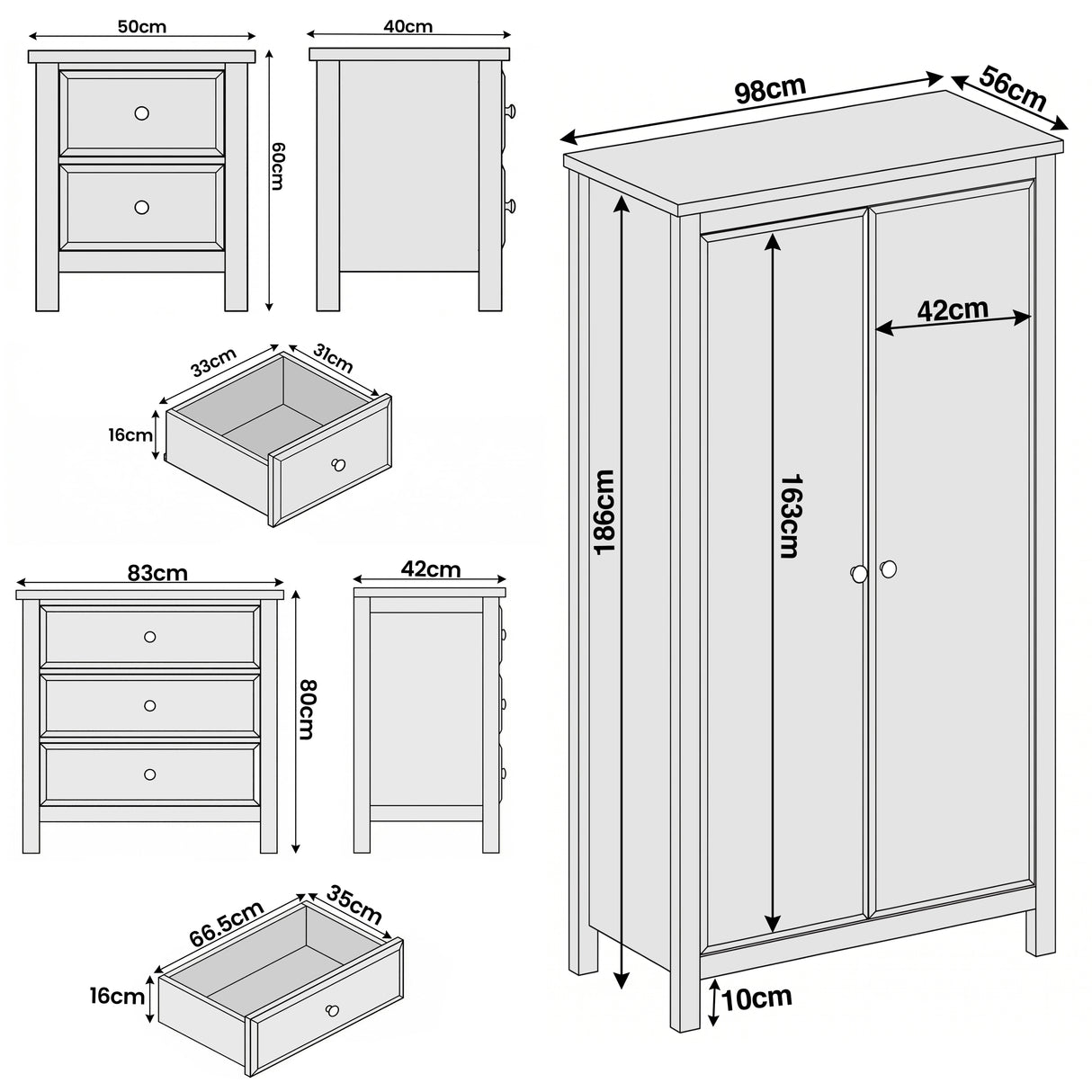 [White] Haven bedroom furniture set dimensions diagram: wardrobe 98x56x186, chest 83x42x80, bedside 50x40x60cm.