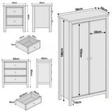 [White] Haven bedroom furniture set dimensions diagram: wardrobe 98x56x186, chest 83x42x80, bedside 50x40x60cm.