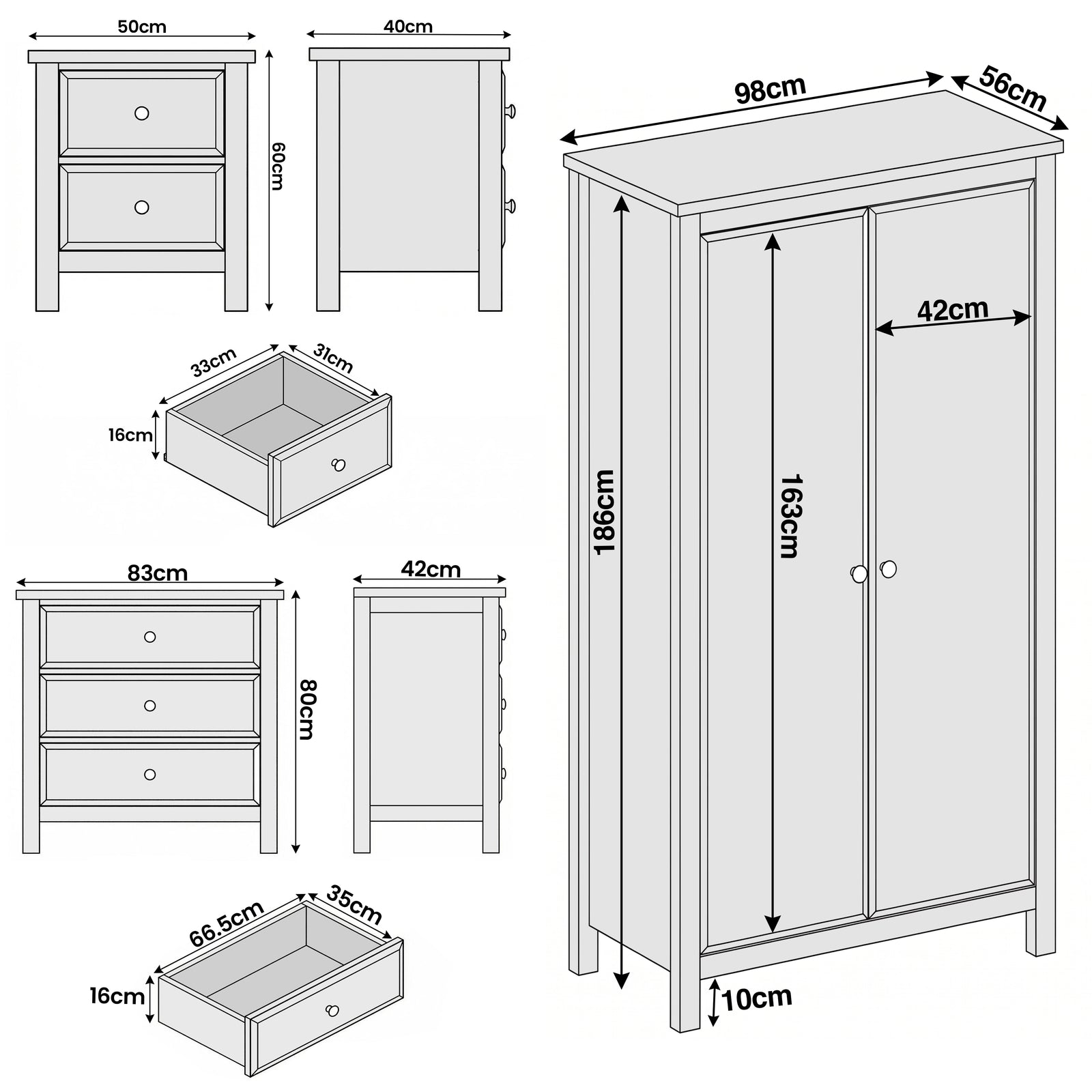 [White] Haven bedroom furniture set dimensions diagram: wardrobe 98x56x186, chest 83x42x80, bedside 50x40x60cm.