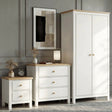 [White] Haven bedroom furniture set in white with oak tops: 2-door wardrobe, 3-drawer chest and 2-drawer bedside.