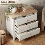 [White] Haven bedroom furniture set 3-drawer chest with all three drawers open showing storage, oak top and knobs
