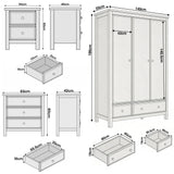 [White] Size diagram Haven bedroom furniture set: wardrobe 140x55x186, chest 83x42x80, bedside 50x40x60 cm
