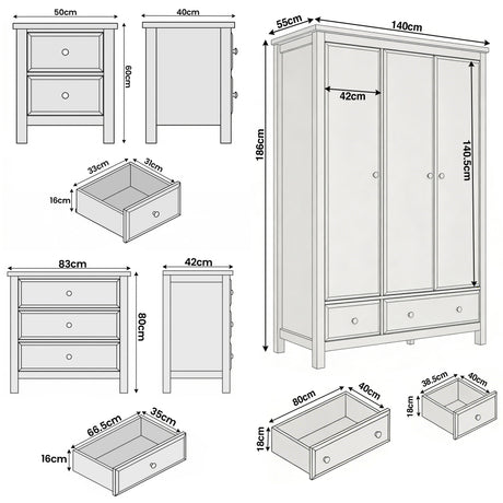 [White] Size diagram Haven bedroom furniture set: wardrobe 140x55x186, chest 83x42x80, bedside 50x40x60 cm