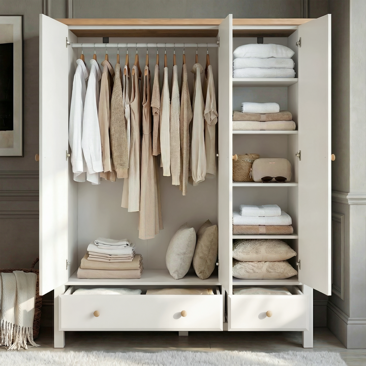 [White] Interior of Haven bedroom furniture set wardrobe with hanging rail, shelved column and base drawers