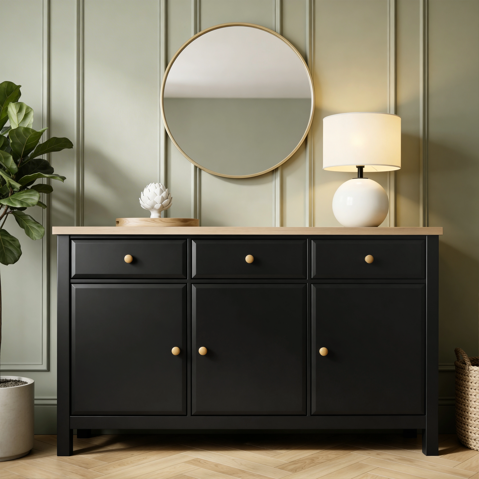 [Black] Haven 3-door sideboard angled view in a styled room with mirror, lamp and plant beside oak veneer top