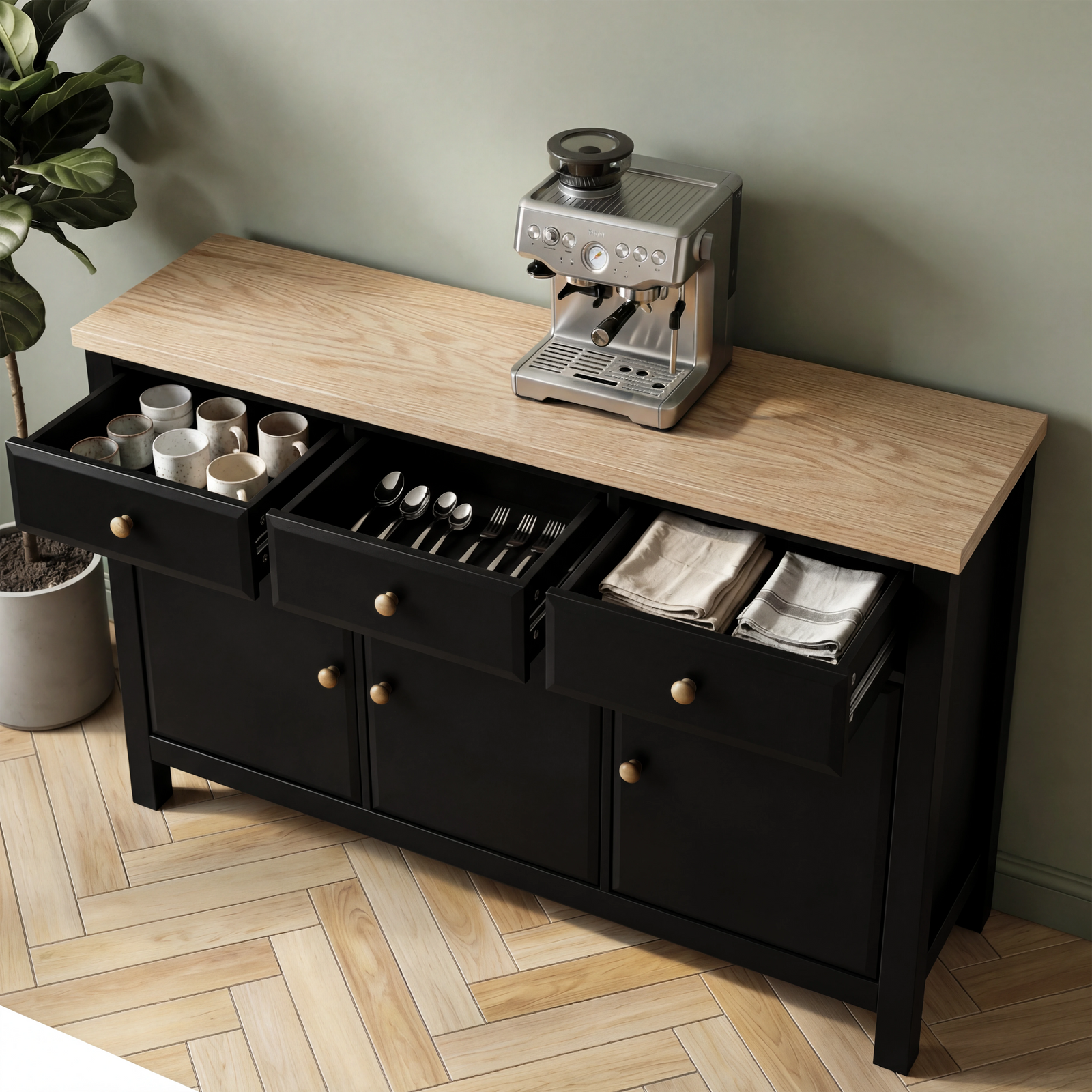 [Black] Haven 3-door sideboard with three top drawers open showing bottles, cutlery tray and folded linen inside