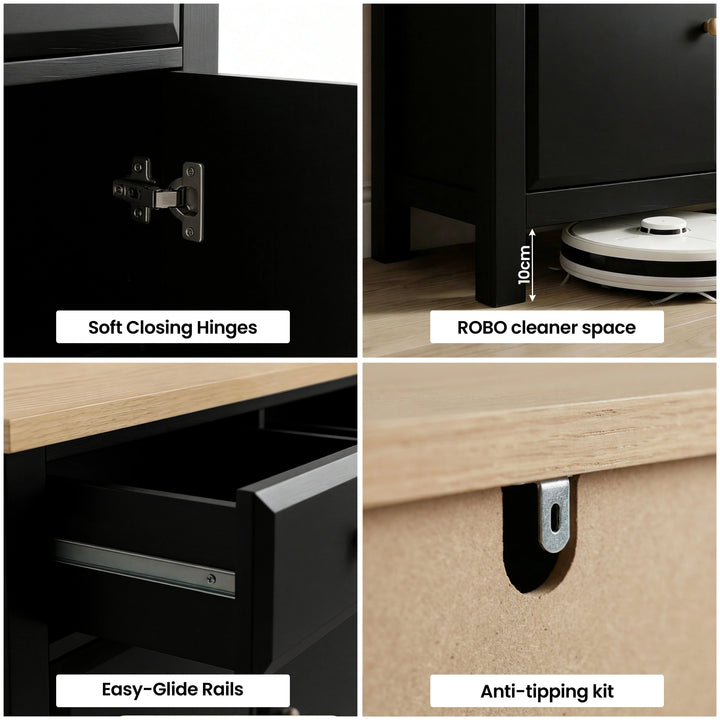 [Black] Haven 3-door sideboard feature panels showing soft-close hinges, 18cm robot-cleaner gap and easy-glide drawer rails