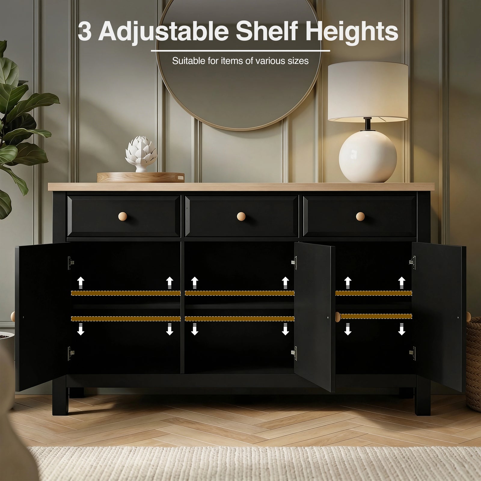 [Black] Haven 3-door sideboard with infographic showing 3 adjustable shelf heights inside open compartments