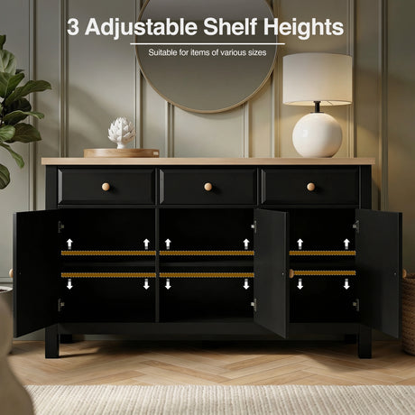[Black] Haven 3-door sideboard highlighting adjustable feature front view in a styled room with plant and decorative objects on oak veneer top