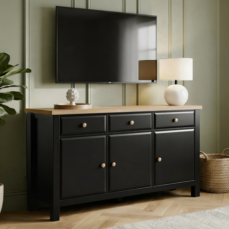 [Black] Haven 3-door sideboard in a living room setting with decorative accessories arranged on oak veneer top