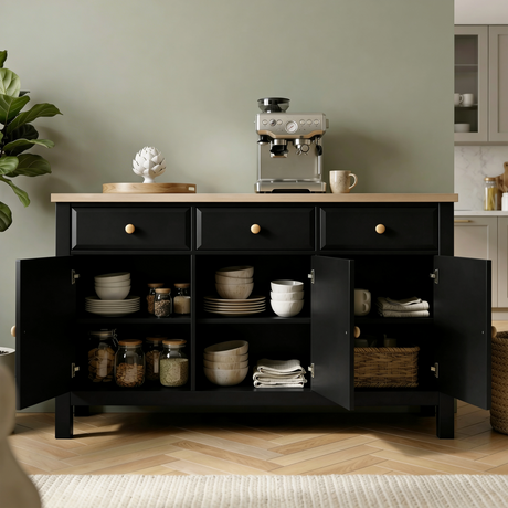 [Black] Haven 3-door sideboard with all doors open showing internal shelves and full interior storage layout