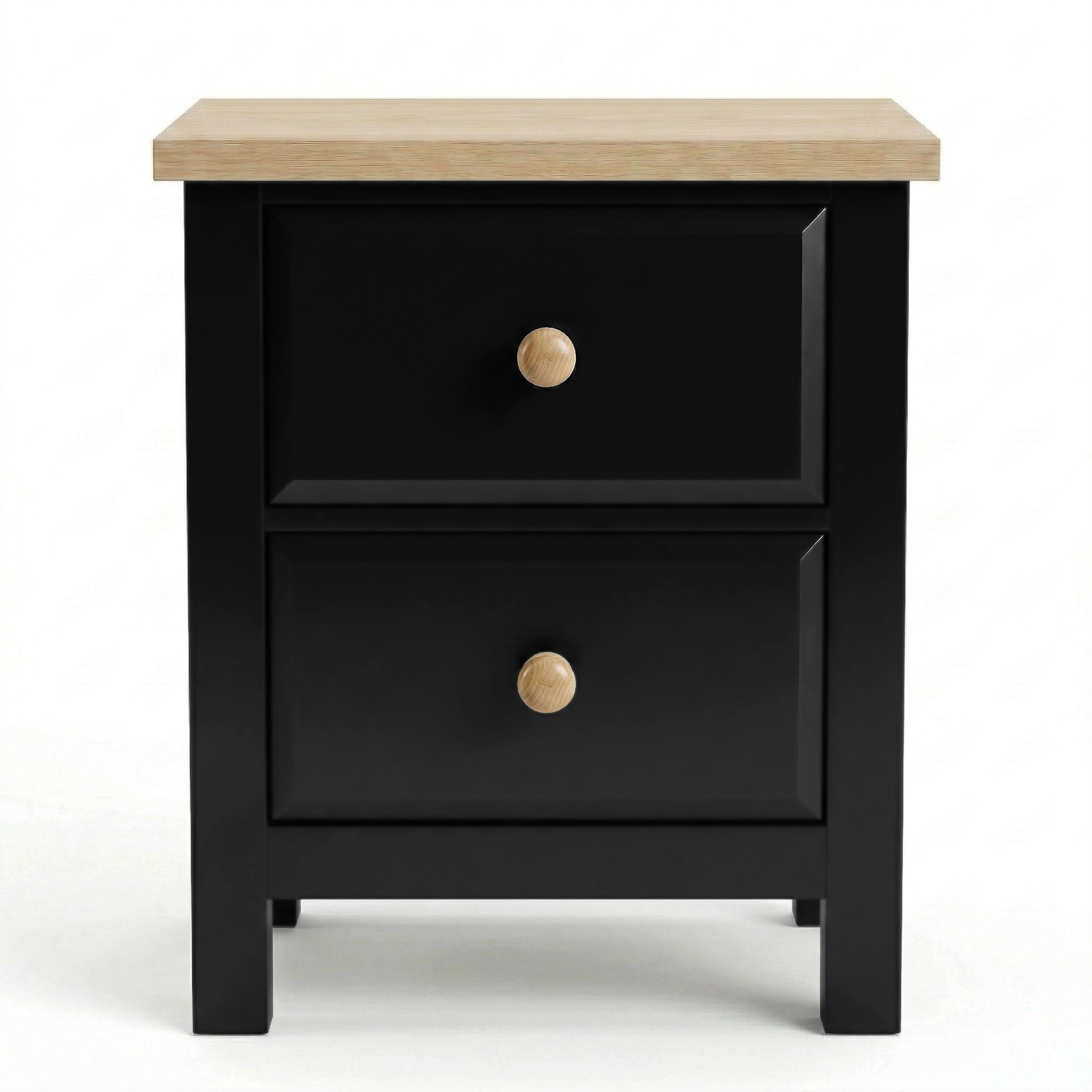 [Black] Haven 2-drawer bedside table angled 3/4 view on white background showing depth and oak veneer top surface