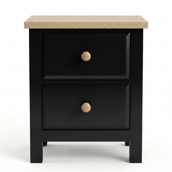 [Black] Haven 2-drawer bedside table angled 3/4 view on white background showing depth and oak veneer top surface