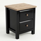 [Black] Haven 2-drawer bedside table front view on white background showing painted frame and oak veneer top