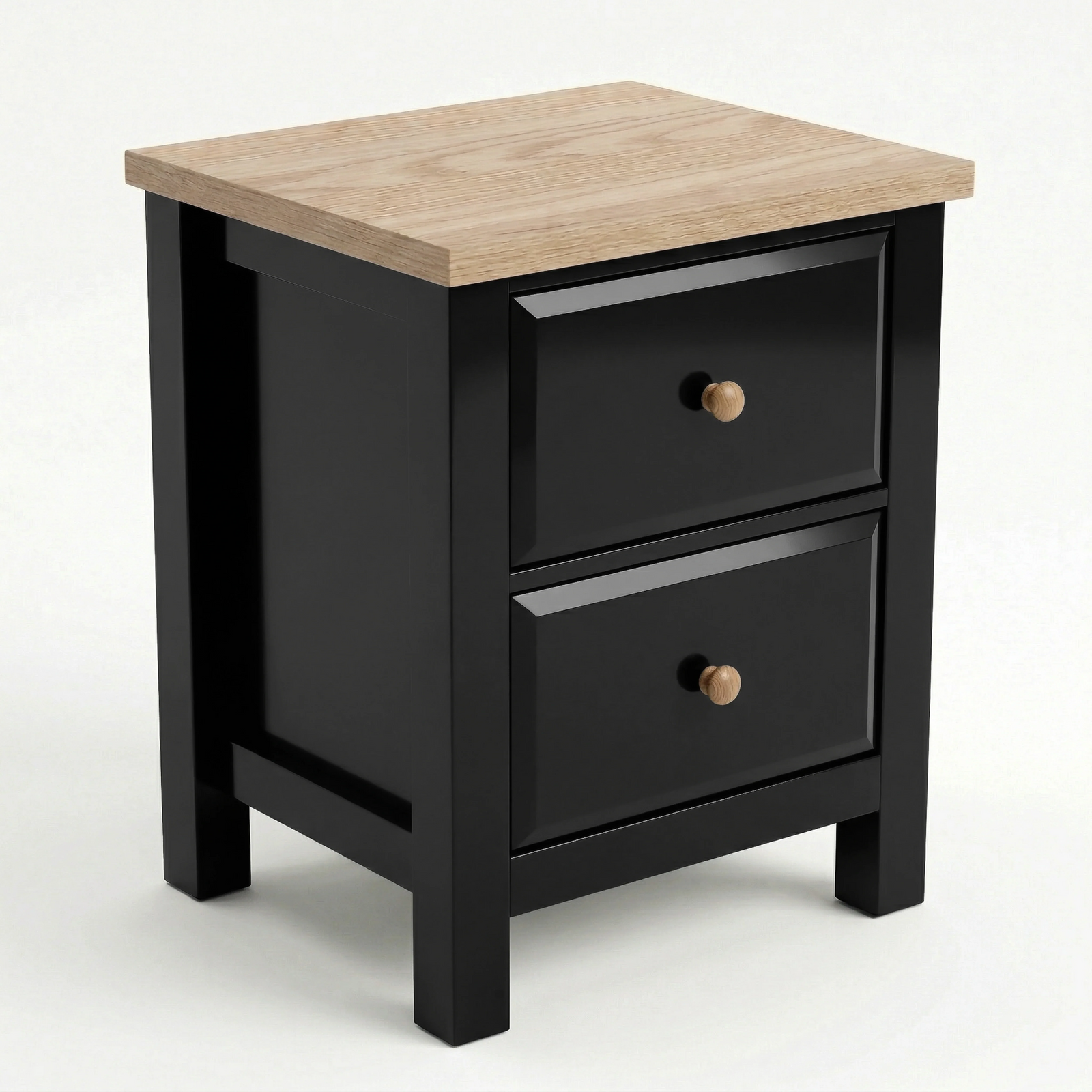 [Black] Haven 2-drawer bedside table front view on white background showing painted frame and oak veneer top