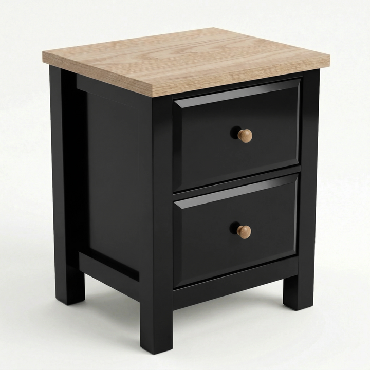 [Black] Haven 2-drawer bedside table front view on white background showing painted frame and oak veneer top
