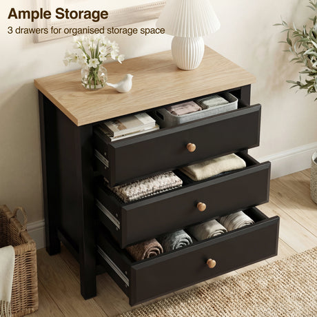 [Black] Haven 3-drawer chest with all drawers open showing interior depth and ample storage capacity overlay text