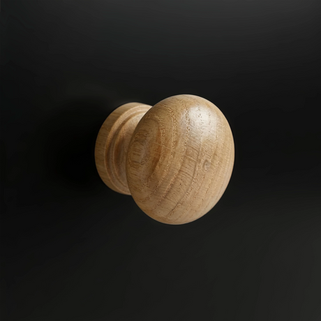[Black] Haven 3-drawer chest close-up of a single round solid oak wooden knob handle on a painted drawer front