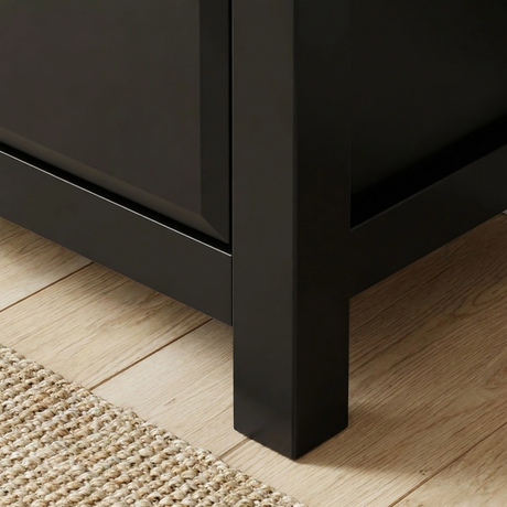 [Black] Haven 3-drawer chest angled side profile showing painted frame depth, leg detail and floor clearance