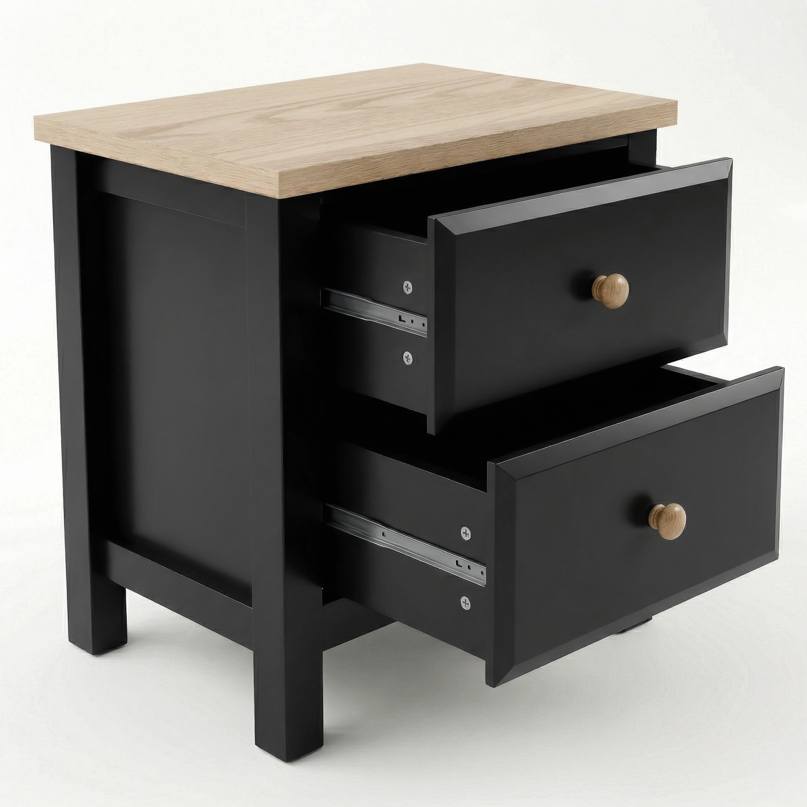 [Black] Haven 2-drawer bedside table side profile view on white background showing frame depth and leg detail