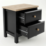 [Black] Haven 2-drawer bedside table side profile view on white background showing frame depth and leg detail