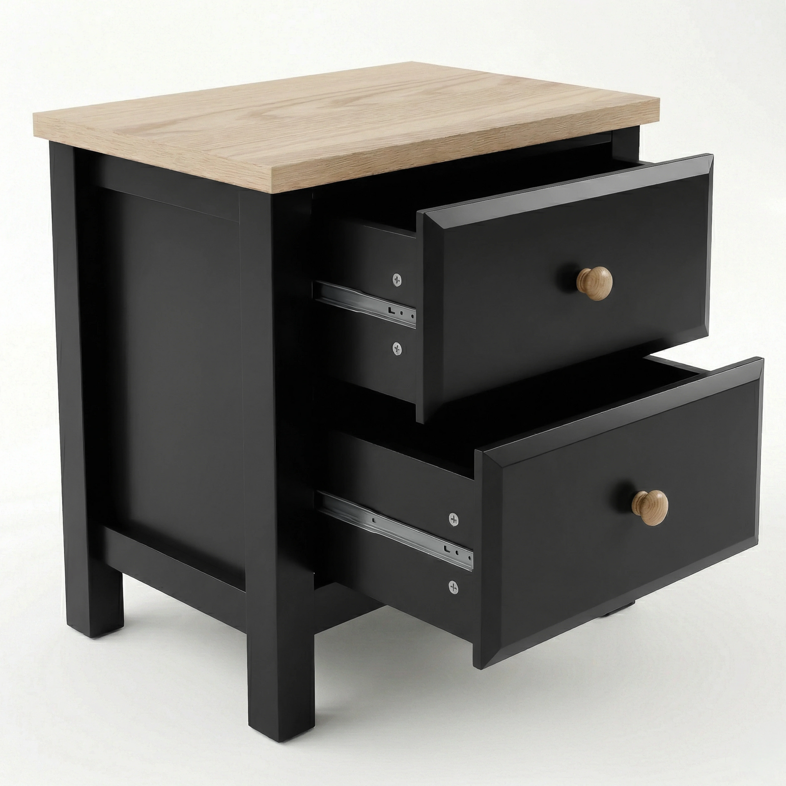 [Black] Haven 2-drawer bedside table side profile view on white background showing frame depth and leg detail