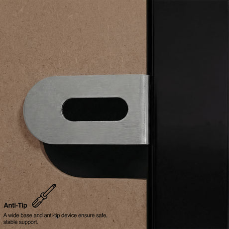 [Black] Anti-tip device on a chest of drawers with text explaining its function