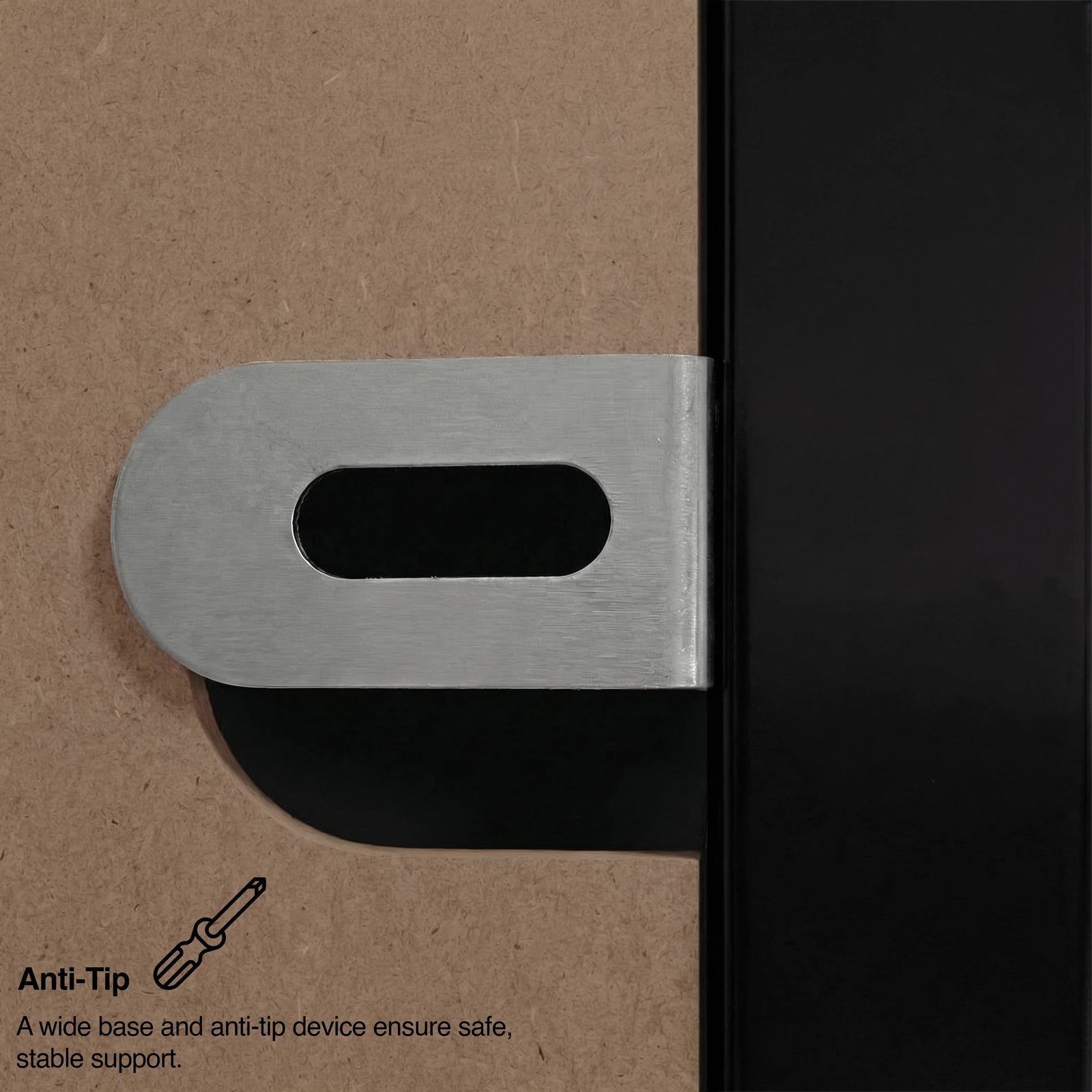 [Black] Haven chest of drawers anti-tip metal bracket close-up on black panel with safety caption beneath