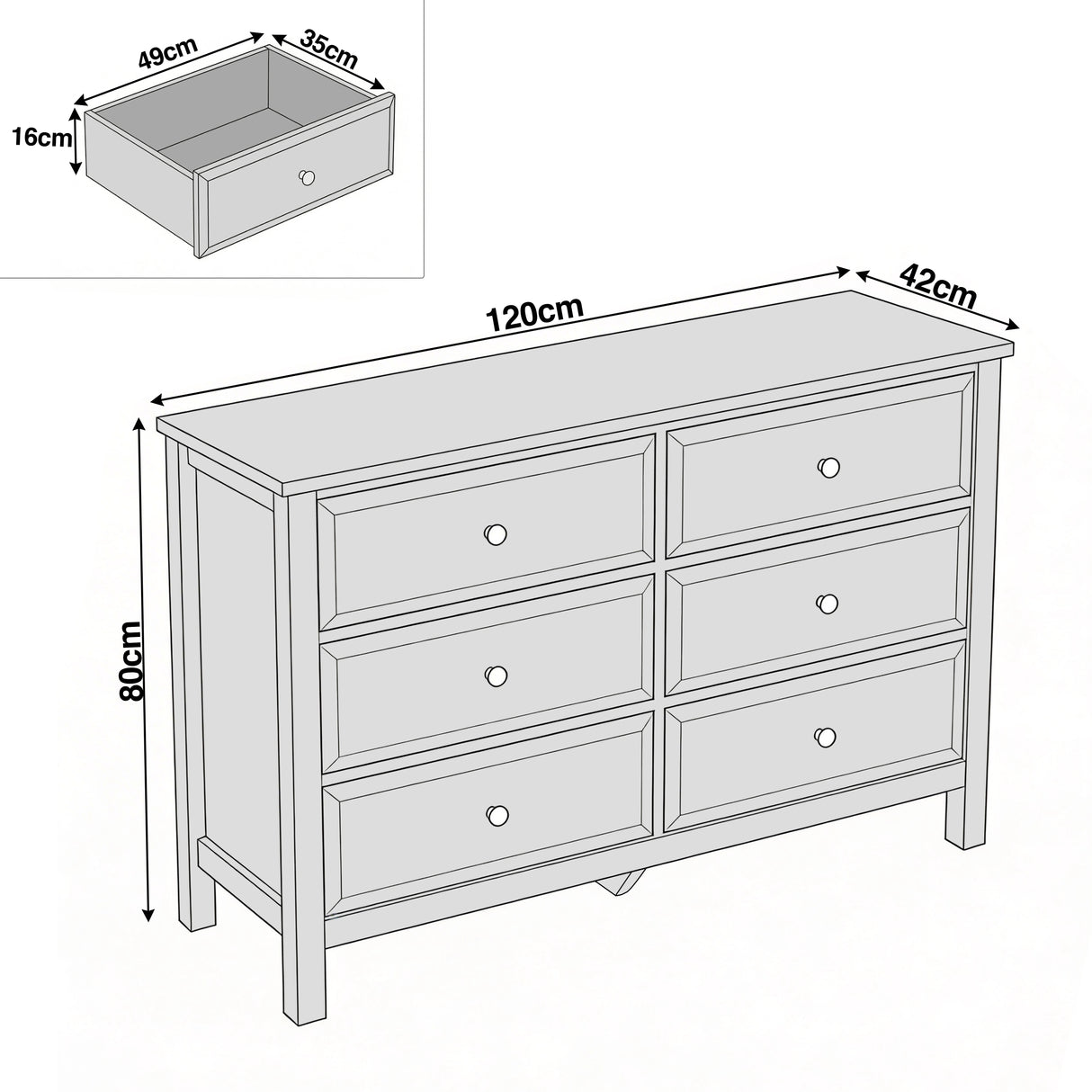 [Black] Haven chest of drawers dimensions diagram showing W120cm x D40cm x H80cm with individual drawer measurements
